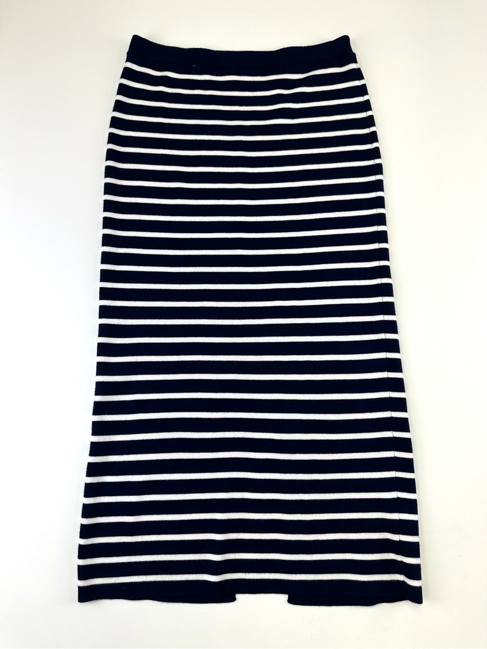 Freshman Navy White Striped Knit Maxi Skirt M Back Slit Nautical Pull-On